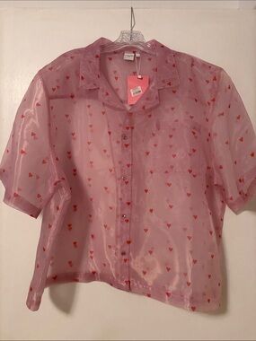 Skinnydip London Sheer Pink Heart Button-Up Blouse 22 Organza Plus Red Cute